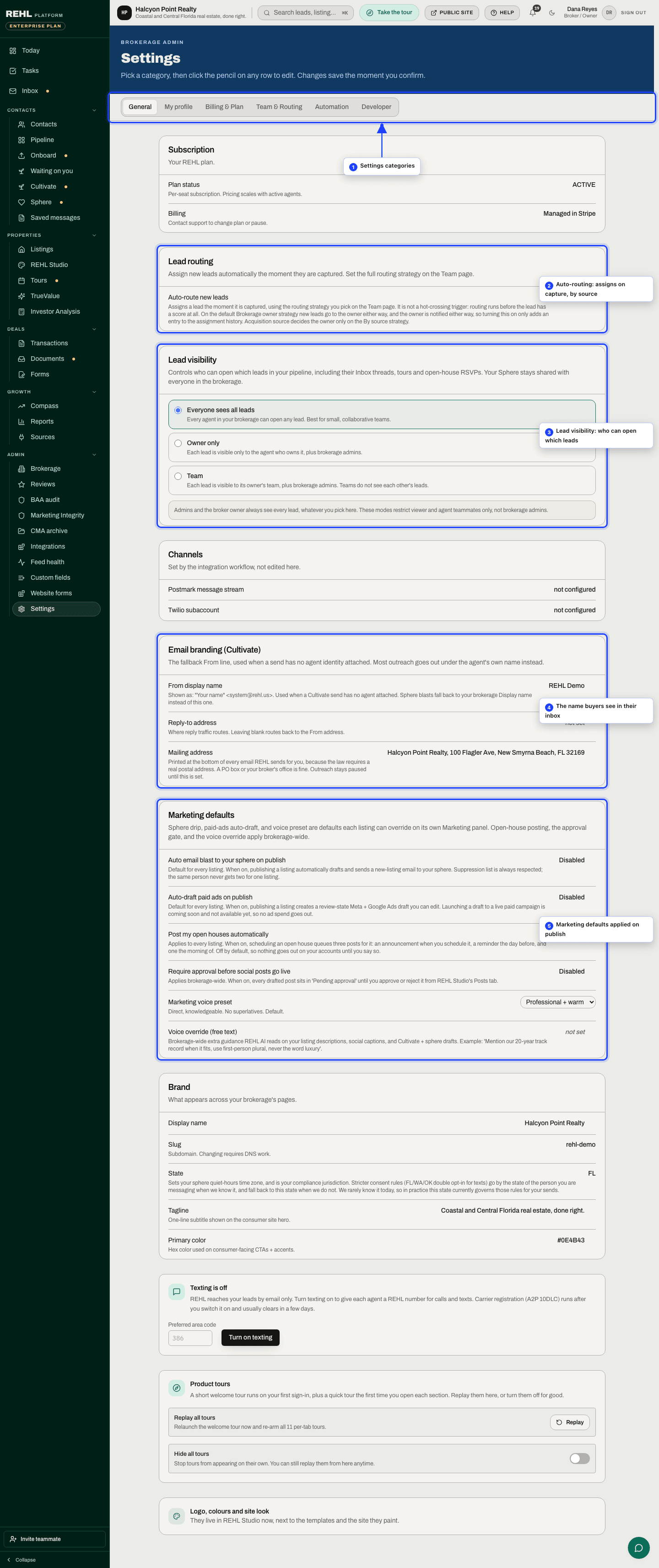 The General category: your subscription, and the routing rule that decides who a new lead lands on.
