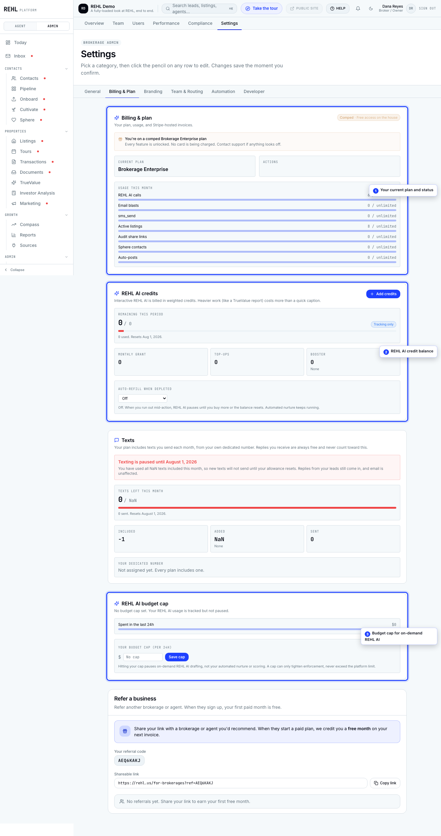 The Billing page: your plan, your REHL AI credits, and your budget cap. The status here is the live one.