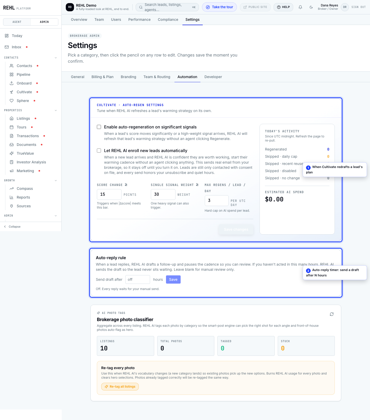 The Automation page. Cultivate auto-regen sits here alongside auto-enroll and the auto-reply timer.