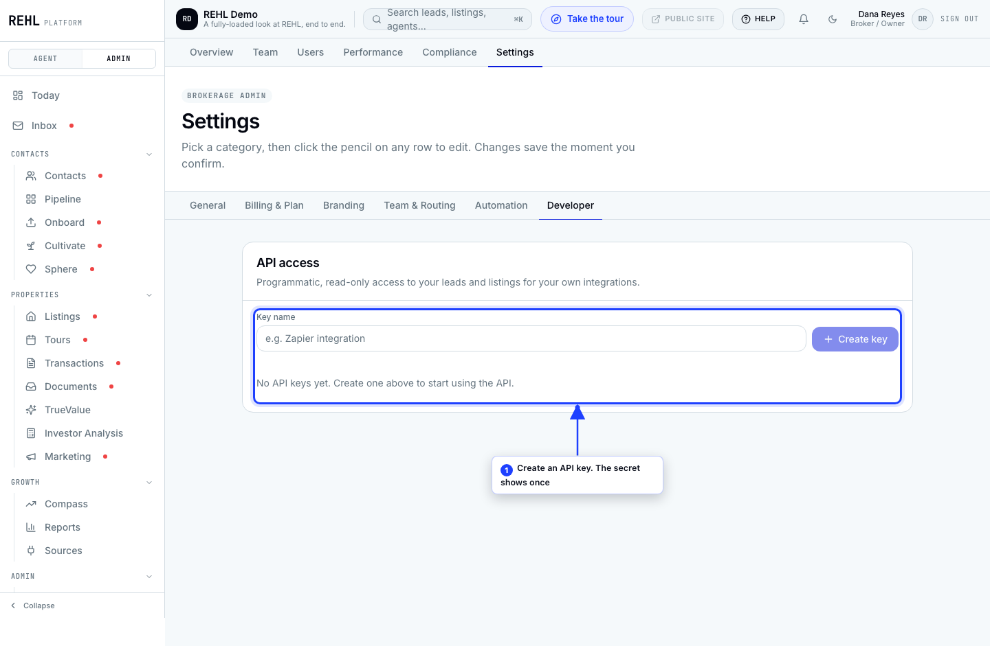 The Developer page. API keys are created, revoked, and removed from this card.